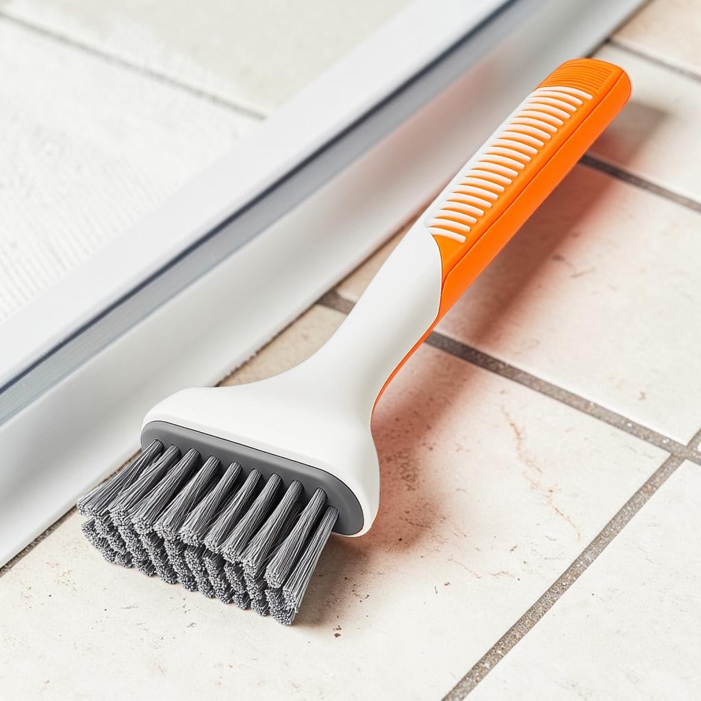 Gomud V-Shape Stiff Bristle Crevice Brush - Deep Cleaning Tool for Tile Grout, Window Tracks, and Corners - Long Ergonomic Handle - Grey/Orange